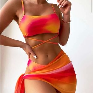 Pink and yellow tie-dye 3 piece bathing suit. Never worn - panty liner in suit.